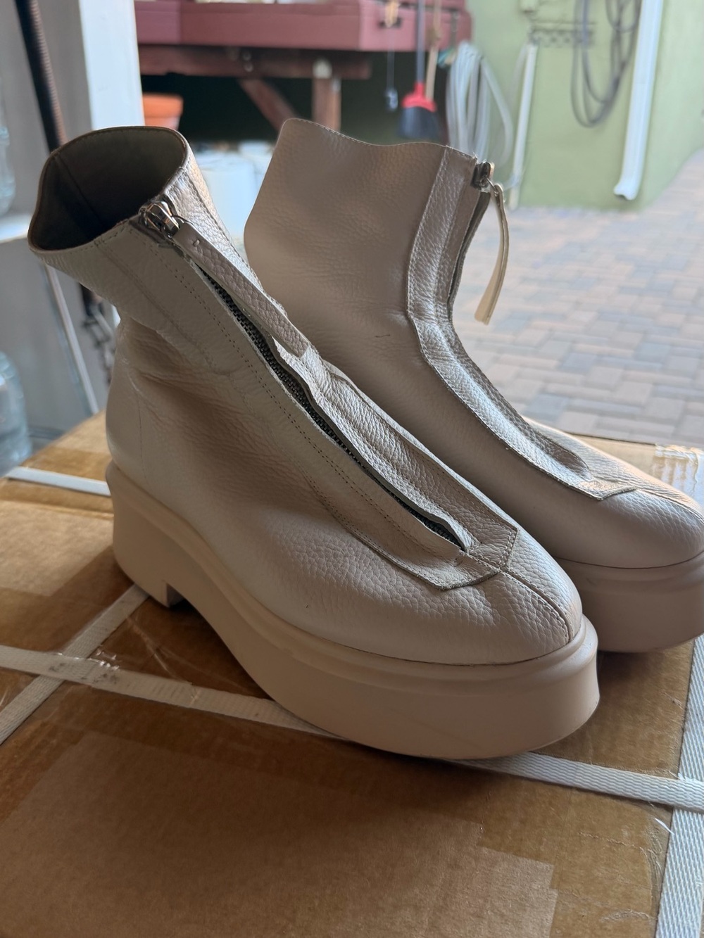 Platform Front-Zip Ankle Boots in Cream